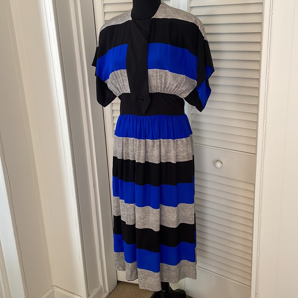 Vintage Albert Nipon Royal Blue,Black Silk Dress